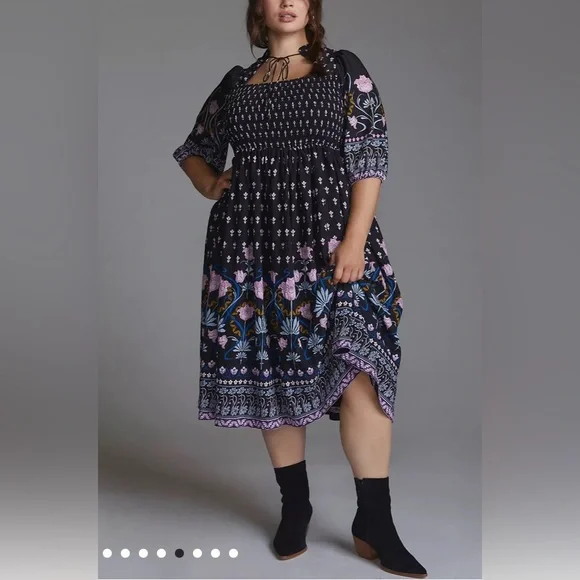 Anthropologie Dasha Smocked Midi Floral Tie Bohemian Dress Size Large - Picture 17 of 17